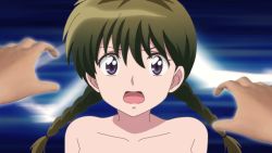  1girl blue_eyes braid brown_hair imminent_rape kyoukai_no_rinne long_hair mamiya_sakura open_mouth pov third-party_edit topless twintails  rating:Questionable score:7 user:RugratsTheLostTapes