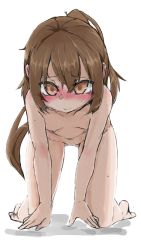 1girl all_fours blush breasts brown_eyes brown_hair closed_mouth embarrassed eyebrows female_focus flat_chest fumizuki_(kancolle) gluteal_fold highres kantai_collection loli long_hair nagatsukiin navel nipples nude ponytail simple_background small_breasts solo sweat thigh_gap white_background rating:Explicit score:126 user:Dweenie