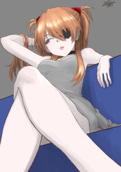  1girl artist_request ass blue_eyes bodysuit breasts brown_hair crossed_legs evangelion:_3.0+1.0_thrice_upon_a_time foreshortening hair_ornament hand_in_own_hair highres interface_headset lips long_hair looking_to_the_side naked_towel neon_genesis_evangelion rebuild_of_evangelion sitting skin_tight solo souryuu_asuka_langley towel tsundere very_long_hair white_bodysuit wide_hips 