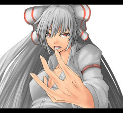  1girl breasts cleavage female_focus fujiwara_no_mokou hair_ribbon letterboxed long_hair open_clothes open_mouth open_shirt ribbon shirt silver_hair simple_background solo supu touhou white_background 