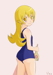  1girl absurdres ass ass_focus bakemonogatari blonde_hair breasts fang from_behind highres looking_at_viewer monogatari_(series) one-piece_swimsuit oshino_shinobu pointy_ears small_breasts smile solo swimsuit uzyuzyy vampire wide_hips  rating:Explicit score:13 user:foofoofu