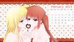 00s 10s 2girls blonde_hair blue_eyes blush breasts brown_hair calendar candy chocolate cleavage collarbone fate_testarossa food heart holding_hands lollipop long_hair looking_at_another lyrical_nanoha mahou_senki_lyrical_nanoha_force mahou_shoujo_lyrical_nanoha mahou_shoujo_lyrical_nanoha_strikers mahou_shoujo_lyrical_nanoha_vivid multiple_girls nude red_eyes takamachi_nanoha valentine very_long_hair yuri zan 