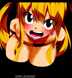  1girl bdsm blonde_hair blush bondage bound breasts fairy_tail gaston18 highres lucy_heartfilia open_mouth solo sweat  rating:Explicit score:14 user:KOPBYC