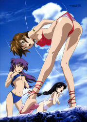  00s 3girls absurdres armlet ass assisted_exposure bent_over bikini blue_hair blush bracelet breasts brown_hair chitose_midori closed_eyes clothes_pull cloud covered_erect_nipples earrings embarrassed fishing_hook fishing_line fujii_masumi green_eyes green_green hair_bobbles hair_ornament highres jewelry kutsuki_futaba long_hair looking_back megami_magazine minami_sanae multiple_girls nipple_slip nipples one-piece_swimsuit_pull open_mouth panties ponytail purple_hair red_eyes ribbon sandals scan shoes short_hair sky surprised swimsuit tankini thong underboob underwear wardrobe_malfunction wedgie 