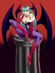  1girl boots breasts capcom cleavage demon_girl female_focus grin hand_on_own_face head_wings high_heel_boots high_heels highres looking_at_viewer mono_(john_doe) morrigan_aensland sitting smile solo demon_girl vampire_(game) wings 