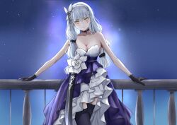  1girl absurdres bare_shoulders breasts cleavage closed_mouth cowboy_shot dress dress_flower facial_mark girls&#039;_frontline green_eyes highres hk416_(girls&#039;_frontline) hk416_(starry_cocoon)_(girls&#039;_frontline) long_hair looking_at_viewer night satsumaagee smile thighhighs white_hair 