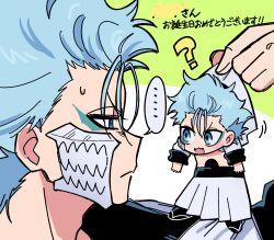 &gt;:( ... 2boys :3 ? bleach blue_eyes blue_hair blush chibi chibi_inset close-up closed_mouth commentary_request commission dual_persona eye_contact facial_mark frown green_background grimmjow_jaegerjaquez hair_between_eyes hand_up hanging hole_in_stomach long_sleeves looking_at_another male_focus motion_lines multiple_boys open_clothes open_mouth open_shirt profile shirt short_hair simple_background smile solo speech_bubble spoken_ellipsis sweatdrop two-tone_background v-shaped_eyebrows white_background white_shirt yanono_015
