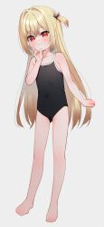  1girl absurdres bare_arms bare_legs bare_shoulders barefoot black_one-piece_swimsuit blonde_hair blush cameltoe collarbone covered_navel fang full_body gluteal_fold grey_background grin hair_between_eyes hair_intakes hand_up highres index_finger_raised long_hair looking_at_viewer meito_(maze) one-piece_swimsuit one_side_up original red_eyes simple_background smile solo standing swimsuit very_long_hair 