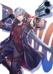  1boy absurdres aiming aiming_at_viewer black_gloves blue_eyes coat devil_bringer devil_may_cry_(series) finger_on_trigger fingerless_gloves gloves gun handgun highres holding holding_gun holding_weapon hood male_focus nero_(devil_may_cry) pointing_gun pointing_weapon solo sword weapon weibo_6593651701 white_hair 