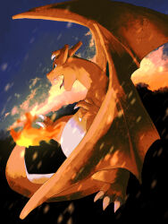  a_ferox charizard claws cloud commentary_request creatures_(company) fangs fire game_freak gen_1_pokemon green_eyes highres nintendo no_humans open_mouth outdoors pokemon pokemon_(creature) sky solo tongue 