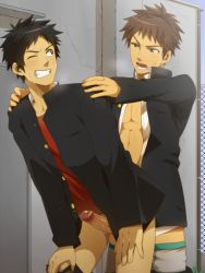  2boys anal black_eyes black_hair brown_eyes brown_hair clothed_sex clothes_pull erection gakuran hihumi male_focus male_penetrated multiple_boys open_clothes open_mouth outdoors pants pants_pull penis red_shirt school school_uniform sex shirt standing uncensored underwear yaoi  rating:Explicit score:79 user:john07