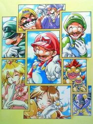 2girls 6+boys ^_^ anei blonde_hair bowser bowser_jr. brooch brown_hair closed_eyes cloud crown dimentio facial_hair fangs flower gloves grin hand_on_own_chest happy hat heart heart_in_mouth jewelry laughing luigi mario mario_(series) marker_(medium) mask mr._l multiple_boys multiple_girls mustache nintendo open_mouth overalls paper_mario princess_daisy princess_peach smile super_mario_land super_paper_mario traditional_media waluigi wario white_gloves rating:Sensitive score:27 user:danbooru