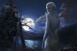  1girl absurdres bare_tree claymore_(series) cloud crossing dark_clouds dark_sky from_behind full_moon highres lamia looking_at_viewer looking_back monster_girl moon night ophelia parted_lips pointy_ears realistic river rock scales solo topless tree water wet 