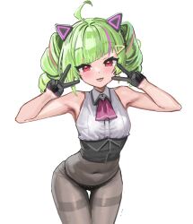  1girl ahoge animal_ears armpits ascot black_corset black_gloves black_leotard blush cat_ears collared_shirt commentary_request corset covered_navel cowboy_shot delutaya dot_nose double_v drill_hair fake_animal_ears gloves green_hair half_gloves hands_up highres indie_virtual_youtuber kanzarin leaning_forward legs_together leotard looking_at_viewer open_mouth pantyhose pink_ascot red_eyes shirt short_hair short_twintails sidelocks simple_background sleeveless sleeveless_shirt smile solo thigh_gap thighband_pantyhose tongue tongue_out twin_drills twintails v virtual_youtuber white_background white_shirt 