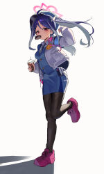 1girl absurdres antenna_hair armband black_pantyhose blue_archive blue_hair blue_hat blue_skirt blue_vest breasts collared_shirt doughnut food food_on_face fubuki_(blue_archive) full_body grey_hair halo hat highres holding jacket long_hair long_sleeves looking_at_viewer lovelyme medium_breasts mouth_hold multicolored_hair open_clothes open_jacket pantyhose pencil_skirt pink_footwear police_badge red_eyes shirt shoes simple_background skirt sneakers standing standing_on_one_leg twintails vest white_jacket white_shirt rating:General score:6 user:danbooru