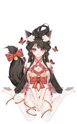  1girl absurdres animal_ears bare_shoulders bell between_legs black_hair bow breasts bug butterfly cleavage clothing_cutout flower fox_ears fox_tail full_body garter_straps hair_flower hair_ornament hair_rings hand_between_legs highres insect japanese_clothes kimono long_hair looking_at_viewer medium_breasts navel navel_cutout no_shoes official_art own_hands_together pelvic_curtain red_bow red_butterfly red_eyes short_kimono short_sleeves side-tie_peek sitting smile solo stardust_project straight-on tachi-e tail tail_bell tail_bow tail_ornament tassel tassel_hair_ornament thighhighs torn_clothes torn_thighhighs transparent_background very_long_hair virtual_youtuber waist_bow wariza white_flower yellow_kimono yumeki_(stardust_project) 