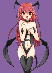 1girl angry arms_up bare_shoulders black_thighhighs boots breasts center_opening choker cleavage collarbone demon_girl demon_tail demon_wings embarrassed frown head_wings highres koakuma large_breasts latex long_hair midriff navel open_mouth pointy_ears purple_background red_eyes red_hair simple_background solo tail thigh_boots thighhighs touhou very_long_hair wings yukina_(masyumaro610) rating:Sensitive score:16 user:danbooru