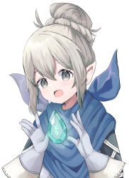  1girl absurdres armor blue_neckerchief commentary_request dragonstone fire_emblem fire_emblem_fates floating floating_object gem gloves grey_eyes grey_hair hair_between_eyes hair_bun happy highres kana_(female)_(fire_emblem) kana_(fire_emblem) light_blush looking_at_viewer neckerchief nintendo open_mouth paro3920 partial_commentary pointy_ears sidelocks simple_background solo upper_body white_background 