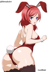  1girl absurdres alternate_costume animal_ears artist_name ass backless_leotard bare_shoulders black_thighhighs blush breasts dorsalecart fake_animal_ears fake_tail from_behind hairband highres leaning_forward leotard looking_at_viewer looking_back love_live! love_live!_school_idol_project medium_breasts medium_hair nishikino_maki open_mouth playboy_bunny purple_eyes rabbit_ears rabbit_tail red_hair red_hairband red_leotard shoulder_blush simple_background solo tail thigh_gap thighhighs v-shaped_eyebrows white_background wrist_cuffs 