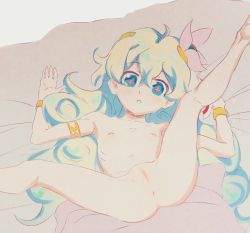 +_+ 1girl anus armlet barefoot bed_sheet blue_eyes blue_hair bracelet butterchalk completely_nude cross-shaped_pupils feet_out_of_frame female_focus flat_chest hair_ornament highres jewelry leg_up loli long_hair looking_at_viewer lying muted_color nia_teppelin nipples nude on_back parted_lips presenting pussy solo spread_legs symbol-shaped_pupils tengen_toppa_gurren_lagann uncensored very_long_hair rating:Explicit score:717 user:danbooru