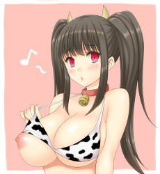 1girl :o animal_print bare_shoulders bell neck_bell bikini black_hair blush bra bra_lift breasts brown_hair collar cow_girl cow_print cowbell horns lang_(chikage36) large_breasts lingerie long_hair looking_at_viewer musical_note nipple_slip nipples open_mouth original pink_eyes puffy_nipples quaver solo swimsuit twintails underwear upper_body rating:Questionable score:79 user:danbooru