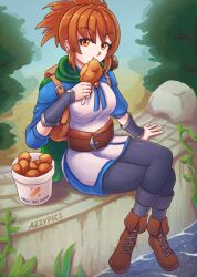  1girl armlet azzypics backpack bag belt blue_jacket boots breasts brown_eyes cape dota_(series) dota_2 eating fried_chicken green_cape grey_pants highres jacket lace-up_boots looking_at_viewer marci_(dota) medium_breasts orange_hair pants sitting sleeves_past_elbows solo water  rating:General score:4 user:k.azune