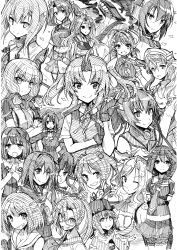 abyssal_ship ahoge amagiri_(kancolle) arms_behind_back braid breasts blowing_bubbles chougei_(kancolle) cleavage commentary_request crossed_arms detached_sleeves double_v dress feathers fingerless_gloves fur_hat furutaka_(kancolle) glasses gloves greyscale grin hachimaki haguro_(kancolle) hair_between_eyes hair_bobbles hair_flaps hair_ornament hair_ribbon hair_rings hakama hakama_skirt hat headband headdress headgear highres honolulu_(kancolle) japanese_clothes kagerou_(kancolle) kagerou_kai_ni_(kancolle) kantai_collection kitakami_(kancolle) littorio_(kancolle) long_hair maya_(kancolle) monochrome multiple_girls muneate murakumo_(kancolle) murakumo_kai_ni_(kancolle) nagato_(kancolle) one_eye_closed open_mouth papakha parted_lips pen_(medium) pleated_skirt ponytail ribbon sailor_collar sazanami_(kancolle) scarf school_uniform serafuku shawl shigure_(kancolle) shigure_kai_ni_(kancolle) short_hair shoukaku_(kancolle) single_braid skirt smile taihou_(kancolle) takao_(kancolle) tashkent_(kancolle) tears torn_clothes torn_scarf traditional_media tsuji_kazuho twintails v wa-class_transport_ship yamato_(kancolle) zuikaku_(kancolle)