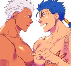  2boys archer_(fate) bara blue_hair cu_chulainn_(fate) cu_chulainn_(fate/stay_night) dark-skinned_male dark_skin earrings eye_contact fate/stay_night fate_(series) from_side frown grabbing interracial jewelry large_pectorals looking_at_another male_focus multiple_boys muscular muscular_male no_nipples nude pectoral_docking pectoral_grab pectoral_press pectorals poking poking_pecs ponytail profile saida_nika short_hair smug spiked_hair upper_body yaoi 