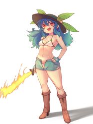  1girl bikini black_hat blue_gloves blue_hat breasts brown_footwear cleavage commentary_request fingerless_gloves food fruit full_body gloves hand_on_own_hip hat high_heels highres hinanawi_tenshi holding holding_sword holding_weapon kaden_(muxt8423) leaf long_hair looking_at_viewer open_mouth peach red_eyes small_breasts solo standing swimsuit sword sword_of_hisou touhou weapon white_bikini 