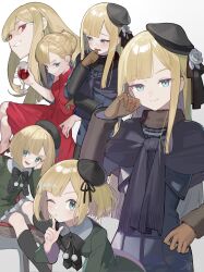  1girl black_bow black_bowtie blonde_hair blue_eyes blush bow bowtie breasts brown_hat dress fate_(series) gloves green_dress hand_up hat highres long_hair long_sleeves looking_at_viewer lord_el-melloi_ii_case_files multiple_views nao_(syn_eaa) red_dress reines_el-melloi_archisorte small_breasts smile 
