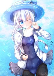 1girl absurdres bad_id bad_twitter_id black_pantyhose blue_background blue_bow blue_eyes blue_hat blue_nails blue_one-piece_swimsuit blue_ribbon bow braid breasts collarbone ex_takehito eyes_visible_through_hair fingernails hat highres hiyuki-chan long_sleeves looking_at_viewer medium_breasts nail_polish one-piece_swimsuit one_eye_closed open_mouth pantyhose pantyhose_under_swimsuit ribbon single_braid skirt_hold solo sound_voltex sun_hat swimsuit thighband_pantyhose white_hair