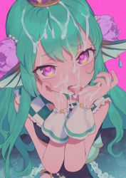 1girl :p aqua_hair blush commentary crown cum cum_in_mouth cum_on_hair detached_sleeves english_commentary facial female_focus finana_ryugu fins fish_girl flower green_hair hair_flower hair_ornament head_fins heart heart-shaped_pupils highres licking licking_cum licking_hand loli long_hair looking_at_viewer naughty_face nijisanji nijisanji_en open_mouth pink_background polka_dot polka_dot_background pumpkinspicelatte purple_eyes simple_background solo symbol-shaped_pupils tongue tongue_out upper_body virtual_youtuber wrist_cuffs rating:Explicit score:750 user:YourFleshlight