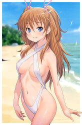  1girl beach blue_eyes blue_sky blurry blurry_background breasts brown_hair closed_mouth cloud commentary_request day hair_between_eyes hair_ribbon highres houjou_hibiki kazuma_muramasa long_hair looking_at_viewer medium_breasts navel ocean outdoors pink_ribbon precure ribbon sky smile solo suite_precure two_side_up white_slingshot_swimsuit  rating:Sensitive score:10 user:danbooru