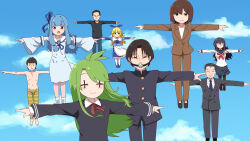  +_+ 4boys 5girls ai-generated_art_(topic) apron black_hair black_pantyhose black_shirt blonde_hair blue_bow blue_bowtie blue_hair blue_necktie blue_ribbon blue_sky blue_sleeves blush bow bowtie brown_jacket brown_pants character_request closed_mouth cloud commentary_request day detached_sleeves formal fuka_(kantoku) full_body gag gagged glasses green_hair green_pants hair_intakes highres jacket kobayashi-san_chi_no_maidragon kotonoha_aoi long_hair long_sleeves looking_at_viewer manager_(inmu) manatsu_no_yo_no_inmu multiple_boys multiple_girls neck_ribbon neckerchief necktie office_lady opaque_glasses open_mouth outdoors pants pantyhose red_neckerchief ribbon school_uniform serafuku shirt short_hair sidelocks sky smile striped_clothes striped_pants suit t-pose takuya_(acceed) tone_sphere topless_male trin_(tone_sphere) very_short_hair voiceroid waist_apron white_shirt wiffle_gag 