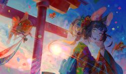  1girl animal_ear_fluff animal_ears bell black_hair blue_sky bracelet chinese_zodiac dog_ears fish floral_print_kimono flower flying_fish hair_flower hair_ornament hand_up japanese_clothes jewelry jingle_bell kimono koi kurikabacha lens_flare long_hair long_sleeves looking_at_viewer looking_to_the_side multicolored_clothes multicolored_kimono nengajou new_year original outdoors parted_lips rope sky solo sun sunlight torii upper_body wide_sleeves year_of_the_dog yellow_eyes 