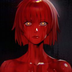  1girl blood blood_in_hair blood_on_body blood_on_face dungeon_meshi falin_touden highres horror_(theme) lavelis looking_at_viewer nude short_hair simple_background solo tagme yellow_eyes 