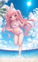  1girl :d animal_ears bare_arms bare_legs bare_shoulders barefoot bikini blue_sky blush chitosezaka_suzu cloud collarbone commentary_request day food-themed_hair_ornament frilled_bikini frills hair_ornament highres horizon long_hair navel ocean open_mouth original outdoors pink_bikini pink_hair plaid plaid_bikini rabbit_ears red_eyes sky smile solo standing standing_on_one_leg strawberry_hair_ornament sun swimsuit two_side_up very_long_hair water 
