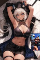  1girl armpits bed bed_sheet belt black_bra black_skirt blue_eyes blush bra breasts choker cleavage collarbone dungeon_and_fighter female_mechanic fishnet_thighhighs fishnets from_above hood hood_up hoodie jacket large_breasts legs long_hair looking_at_viewer looking_up lying navel skindentation skirt sleeveless solo thigh_strap thighhighs thighs underwear white_hair  rating:Sensitive score:6 user:Aquarist