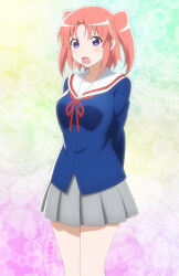  1girl arms_behind_back blue_eyes breasts collarbone female_focus highres large_breasts long_sleeves looking_at_viewer medium_hair mikakunin_de_shinkoukei open_mouth pink_hair school_uniform skirt solo standing stitched third-party_edit yonomori_kobeni 