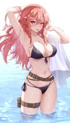  1girl :p armpits bikini black_bikini blush braid breasts dokimaru hair_ornament highres looking_at_viewer medium_breasts navel original partially_submerged pink_hair pouch red_eyes see-through solo stomach string_bikini swimsuit thigh_pouch tongue tongue_out white_background 