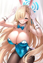  1girl animal_ears asuna_(blue_archive) asuna_(bunny)_(blue_archive) bare_shoulders blue_archive blue_bow blue_bowtie blue_eyes blue_halo bow bowtie breasts cleavage covered_navel detached_collar fake_animal_ears gloves grin hair_over_one_eye halo hands_up highres large_breasts leotard long_hair looking_at_viewer mole mole_on_breast official_alternate_costume pantyhose playboy_bunny porihu rabbit_ears rabbit_pose rabbit_tail smile solo tail traditional_bowtie very_long_hair white_gloves 