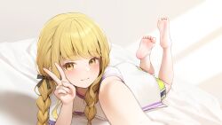  1girl absurdres barefoot bed_sheet black_bow blonde_hair blush bow braid closed_mouth commentary eyebrows_hidden_by_hair feet_up fujita_kotone gakuen_idolmaster hair_bow highres idolmaster looking_at_viewer lying on_bed on_stomach outstretched_arm selfie shirt short_sleeves shorts sidelocks smile soles solo twin_braids v yellow_eyes zhenli-mari 