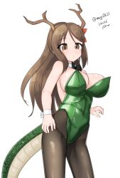  1girl absurdres alternate_costume amagi_(kancolle) black_bow black_bowtie black_pantyhose bow bowtie breasts brown_eyes brown_hair contrapposto cowboy_shot dated detached_collar dragon_horns dragon_tail flower green_leotard hair_flower hair_ornament highres horns kantai_collection large_breasts leotard long_hair looking_at_viewer maru_(marg0613) nontraditional_playboy_bunny one-hour_drawing_challenge pantyhose ponytail simple_background solo strapless strapless_leotard tail twitter_username white_background wrist_cuffs 