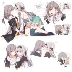  2girls ? absurdres all_fours aqua_skirt aqua_thighhighs bare_shoulders black_gloves black_hairband black_jacket black_skirt black_thighhighs blush chibi closed_eyes closed_mouth covering_face detached_sleeves embarrassed firefly_(honkai:_star_rail) food gloves gradient_legwear grey_hair hair_between_eyes hair_ornament hairband half_gloves highres honkai:_star_rail honkai_(series) jacket long_hair long_sleeves looking_at_another medium_hair mouth_hold multicolored_eyes multiple_girls multiple_views one_eye_closed open_clothes open_jacket pocky pocky_kiss raccoon revision shared_food shirt simple_background skirt spoken_question_mark stelle_(honkai:_star_rail) thigh_strap thighhighs trailblazer_(honkai:_star_rail) white_shirt yajuu yellow_eyes 