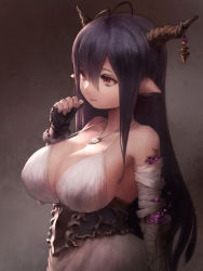 1girl breasts clenched_hand closed_mouth danua demon_girl draph dress granblue_fantasy highres horns huge_breasts jewelry long_ears long_hair looking_at_viewer necklace noske noske2801 open_mouth purple_hair red_eyes simple_background swimsuit tagme thick_thighs thighs white_background white_dress rating:Sensitive score:30 user:the_lewd_guy