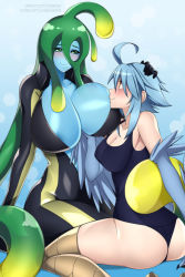  2girls ahoge alternate_breast_size blue_feathers blue_hair blush bodysuit breasts cleavage collarbone commentary commission english_commentary feathered_wings feathers green_eyes green_hair hand_on_another&#039;s_head harpy huge_breasts large_breasts lindaroze looking_at_another mature_female medium_breasts monster_girl monster_musume_no_iru_nichijou multiple_girls nose_blush one-piece_swimsuit orange_eyes papi_(monster_musume) short_hair sitting slime_girl suu_(monster_musume) swimsuit tentacle_hair thighs wariza watermark web_address winged_arms wings yuri  rating:Questionable score:117 user:danbooru