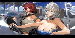  2girls alchemy_stars azure_(alchemy_stars) bare_shoulders black_choker blue_eyes blue_hair breasts car choker cleavage collar driving eyebrow_piercing facial_mark grey_hair highres jacket jona_(alchemy_stars) large_breasts motor_vehicle multicolored_hair multiple_girls open_mouth piercing red_hair sinnbunn spiked_collar spikes sweat tank_top 
