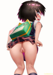 1girl animal_ears anus ass backpack bag black_hair blush carbon12th cat_ears censored cleft_of_venus clothes_lift embarrassed fat_mons from_behind kneepits leaning_forward loli looking_at_viewer looking_back marvel mosaic_censoring no_panties open_mouth peni_parker pussy school_uniform short_hair simple_background skirt skirt_lift solo spider-man:_into_the_spider-verse spider-man_(series) spider-verse thigh_gap whiskers white_background rating:Explicit score:300 user:danbooru