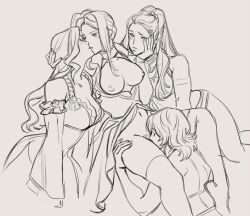 4girls braid breasts byleth_(female)_(fire_emblem) byleth_(fire_emblem) cleavage cunnilingus dorothea_arnault dress edelgard_von_hresvelg female_focus fire_emblem fire_emblem:_three_houses greyscale hand_on_another&#039;s_face harem kiss large_breasts lineart long_hair medium_breasts monochrome multiple_girls natural_virtue navel nintendo nipples oral petra_macneary pimp side_ponytail spread_legs stomach thighhighs wavy_hair yuri rating:Explicit score:61 user:danbooru