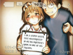  1boy 1girl angry battery_indicator blush brother_and_sister brown_eyes brown_hair child comic embarrassed eromanga glasses grin hand_on_head hard-translated holding humiliation ootsuka_mahiro recording short_hair siblings sign sign_holding smile source_request standing sweat tears teeth third-party_edit timestamp translated  rating:Sensitive score:55 user:vorbatello